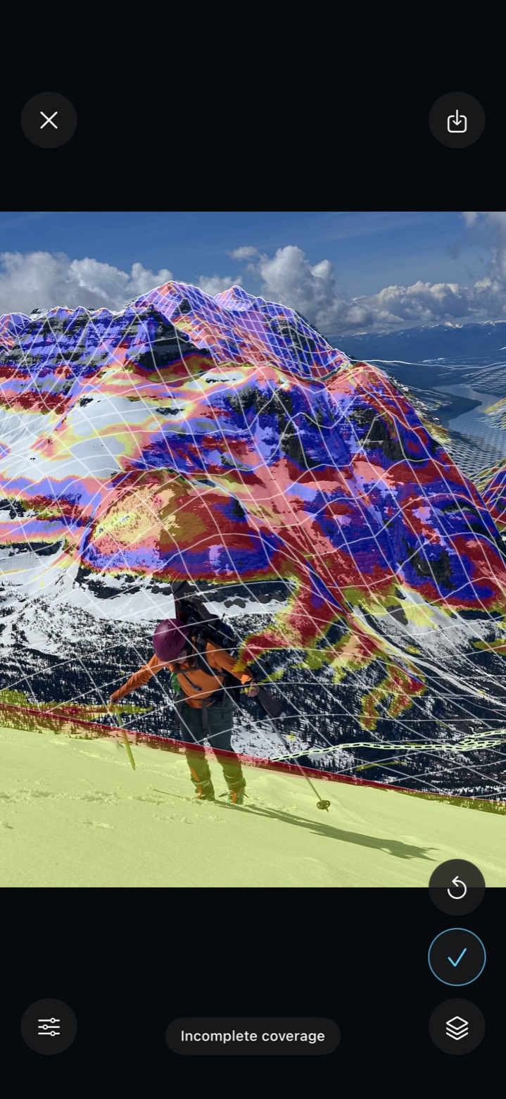 Slope angle painted over a mountain in the live camera view