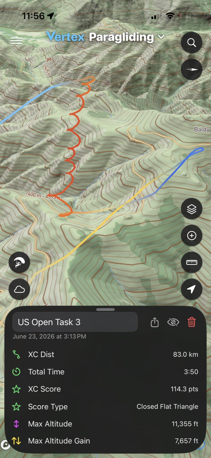 An 83 km logged flight drawn in 3D over the terrain with its stats