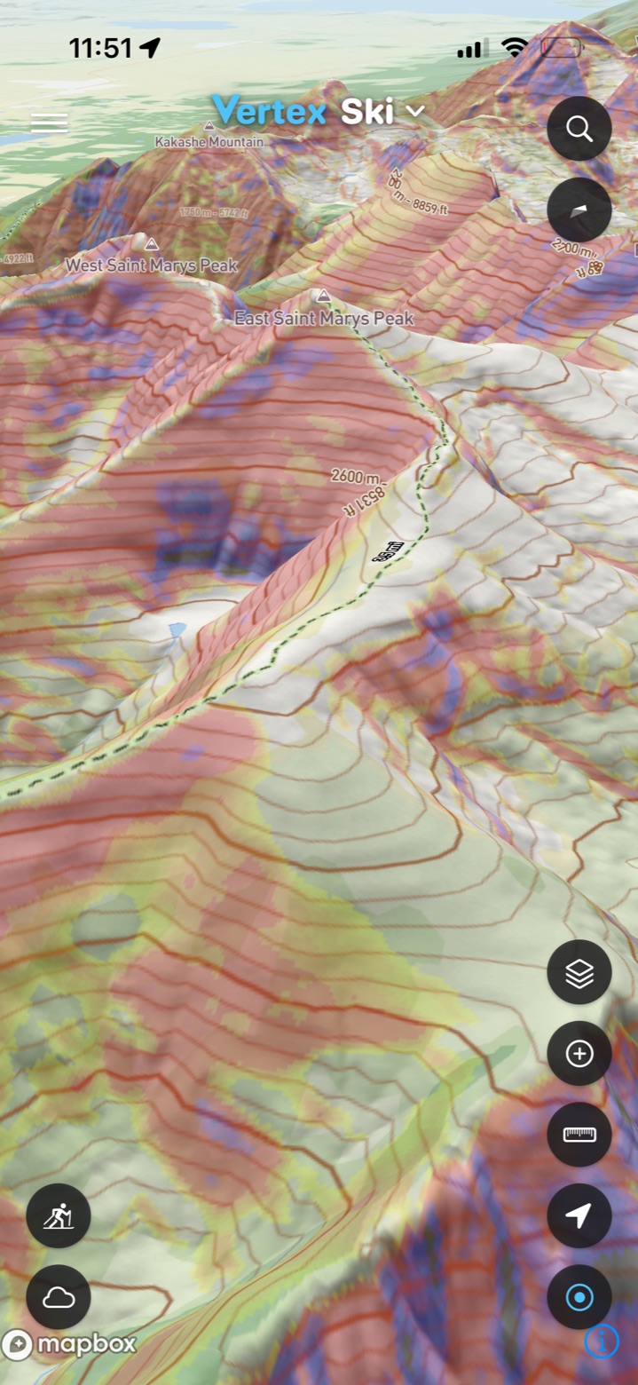 Slope angle, trails and contours over 3D terrain in ski mode