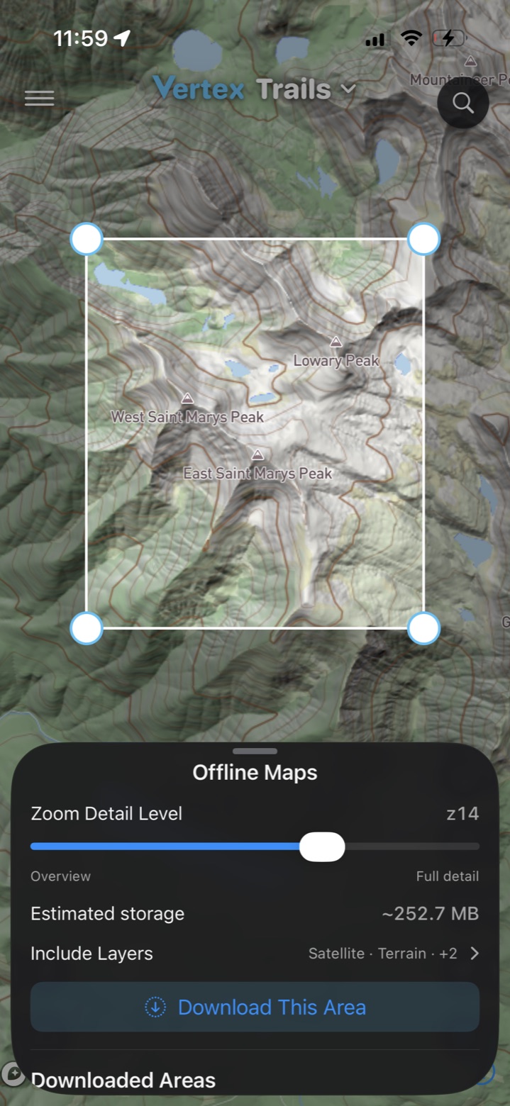 Selecting an area of the map to download for offline use