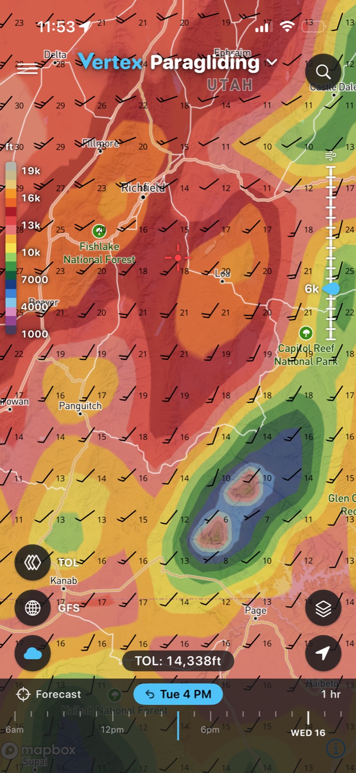 Hourly wind and temperature forecast drawn on the map with the timeline