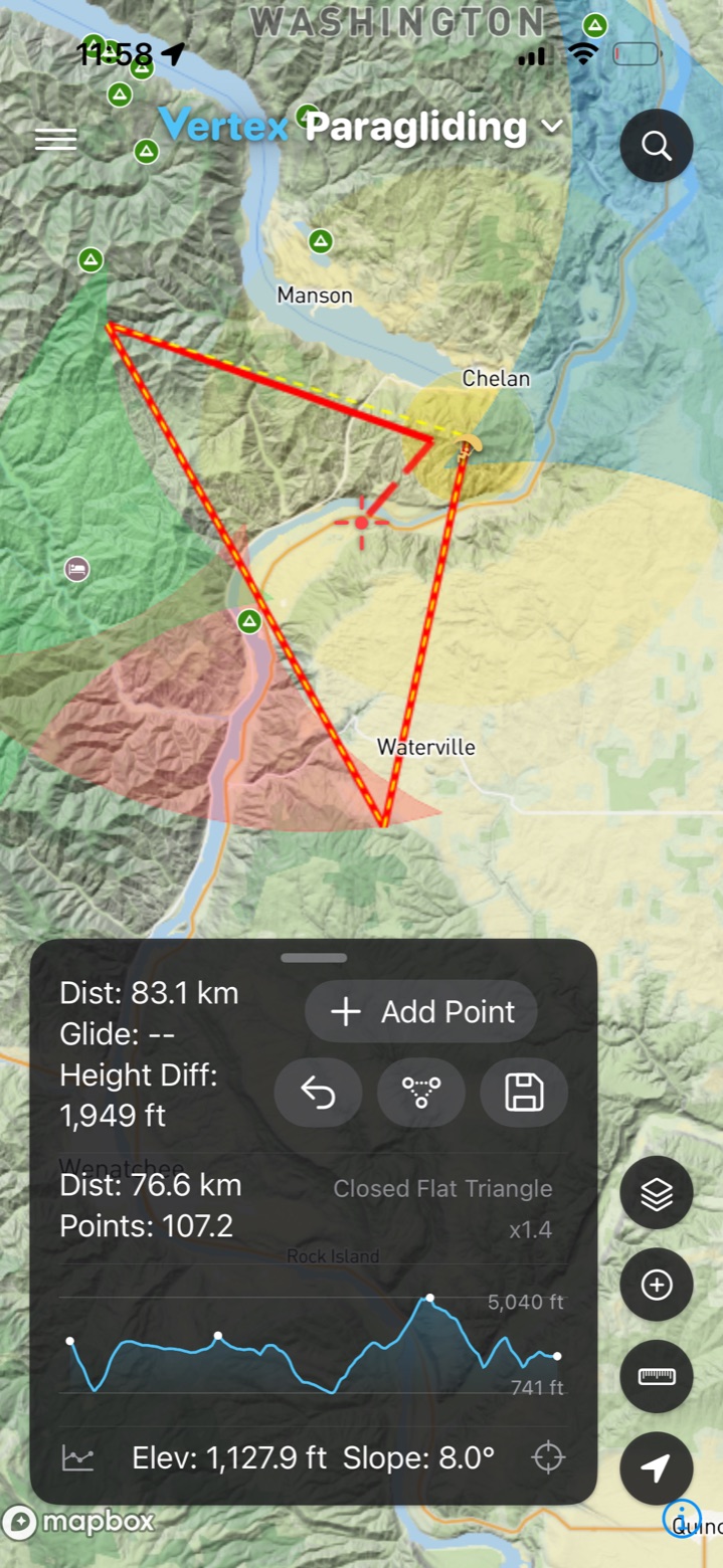 A flat triangle drawn near Chelan and scored, with its elevation profile